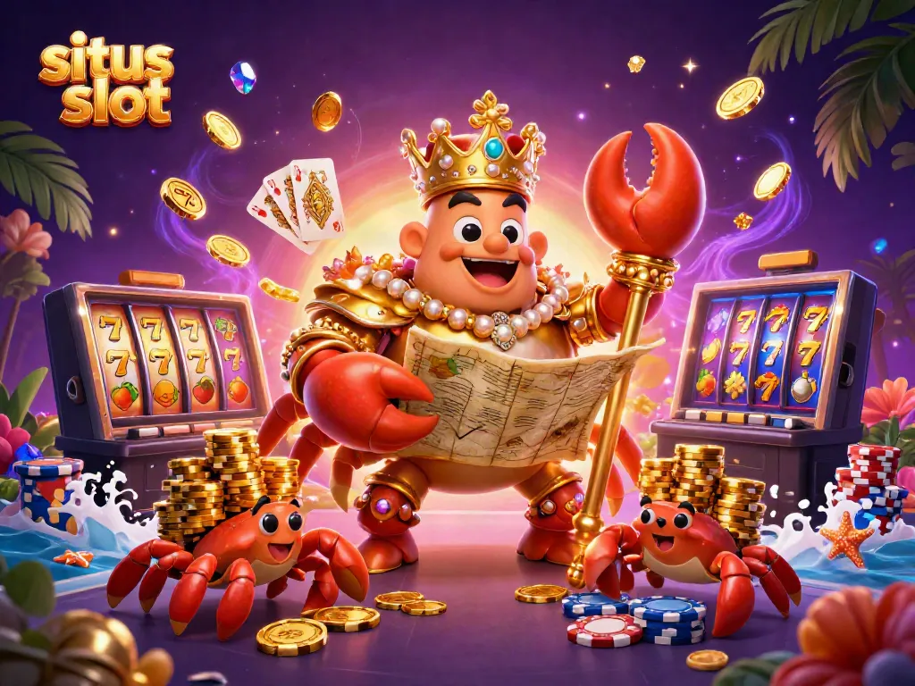 Gambaran kasino dengan situs slot, kepiting emas besar dan berbagai simbol permainan yang menarik.