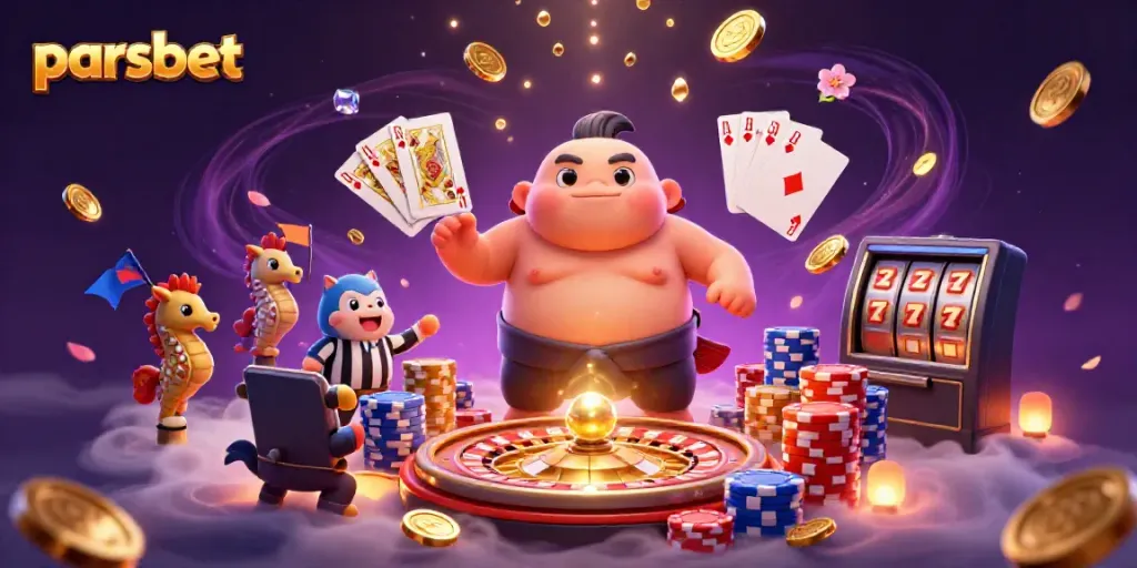 parsbet ile canlı bir kumar sahnesinde fugu balığı ve diğer karakterlerin eğlendiği, parlayan jetonlar ve oyun ekipmanları bulunuyor.