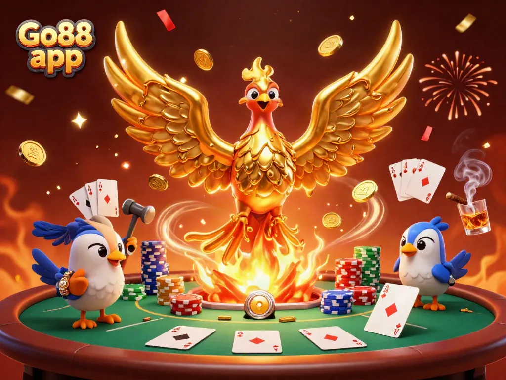 Engage with the Go88 app at an animated poker table with a molten golden phoenix and vibrant gaming elements.