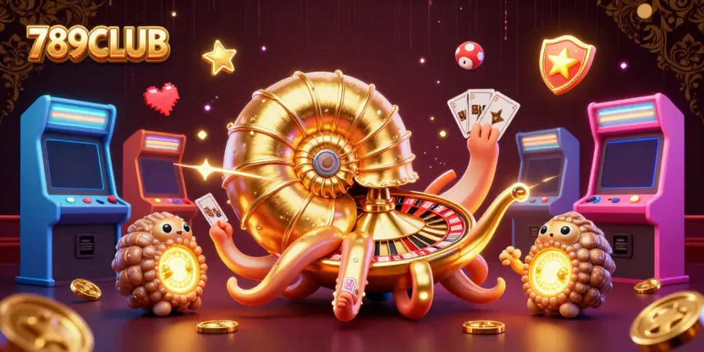 Engage with 789CLUB's vibrant lottery game scene featuring a giant nautilus and glowing arcade machines.