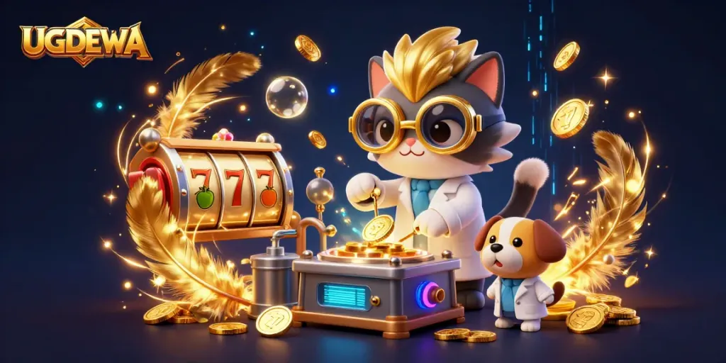 Spin the reels and win with UGDEWA in a vibrant, animated casino scene filled with energy.