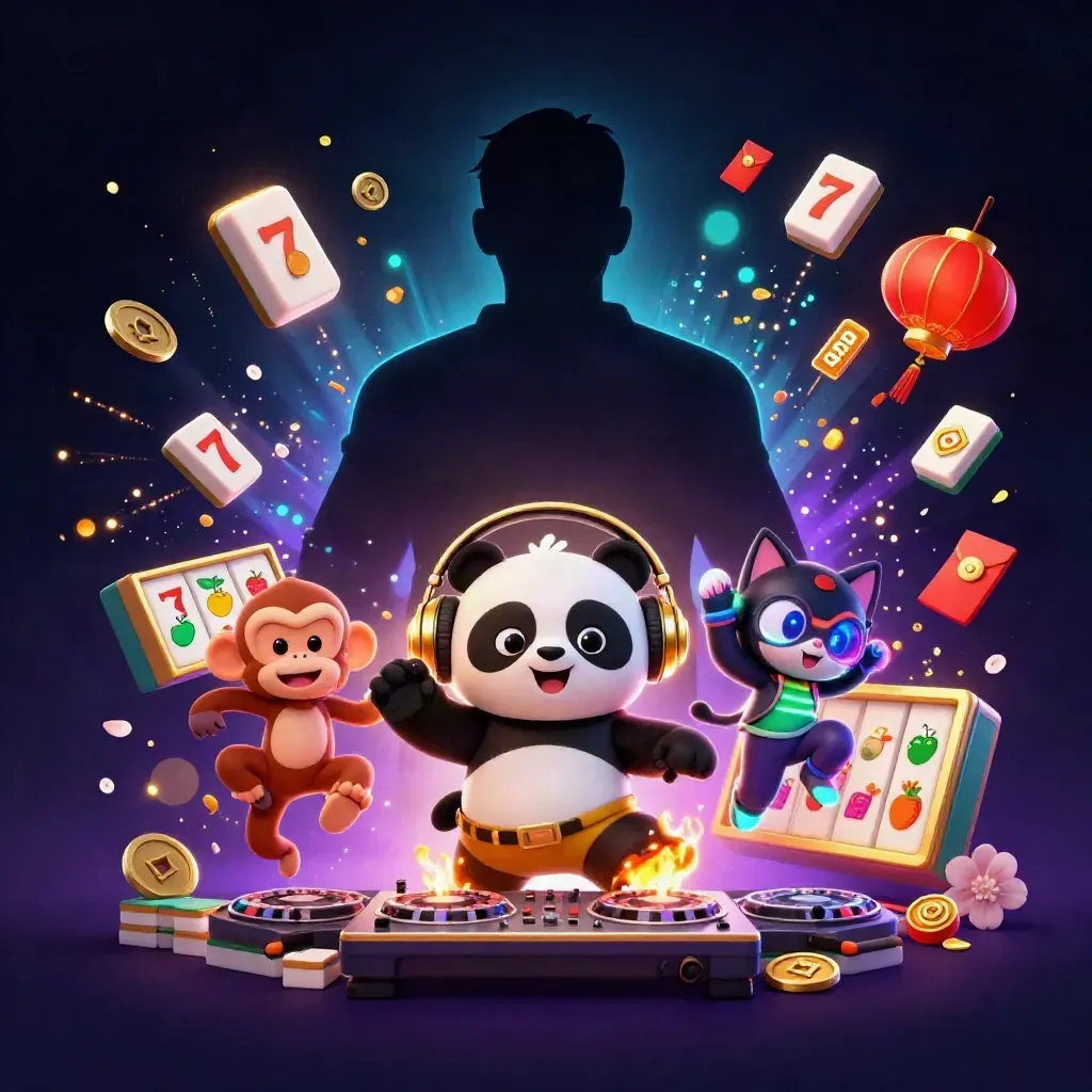 DJ panda, breakdancing monkey, and glow-stick kitten amid casino lights and slot symbols