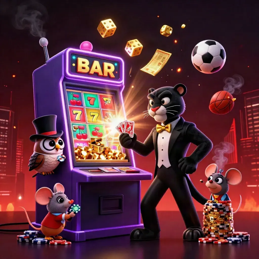 Panther, owl, and mouse amid exploding slot symbols, cards, chips, gold, and sports balls.