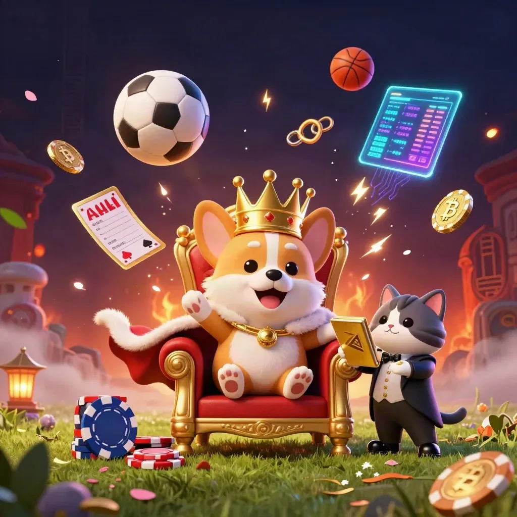 Crowned corgi and cat butler amid flying sports balls, crypto coins, and neon casino glow.
