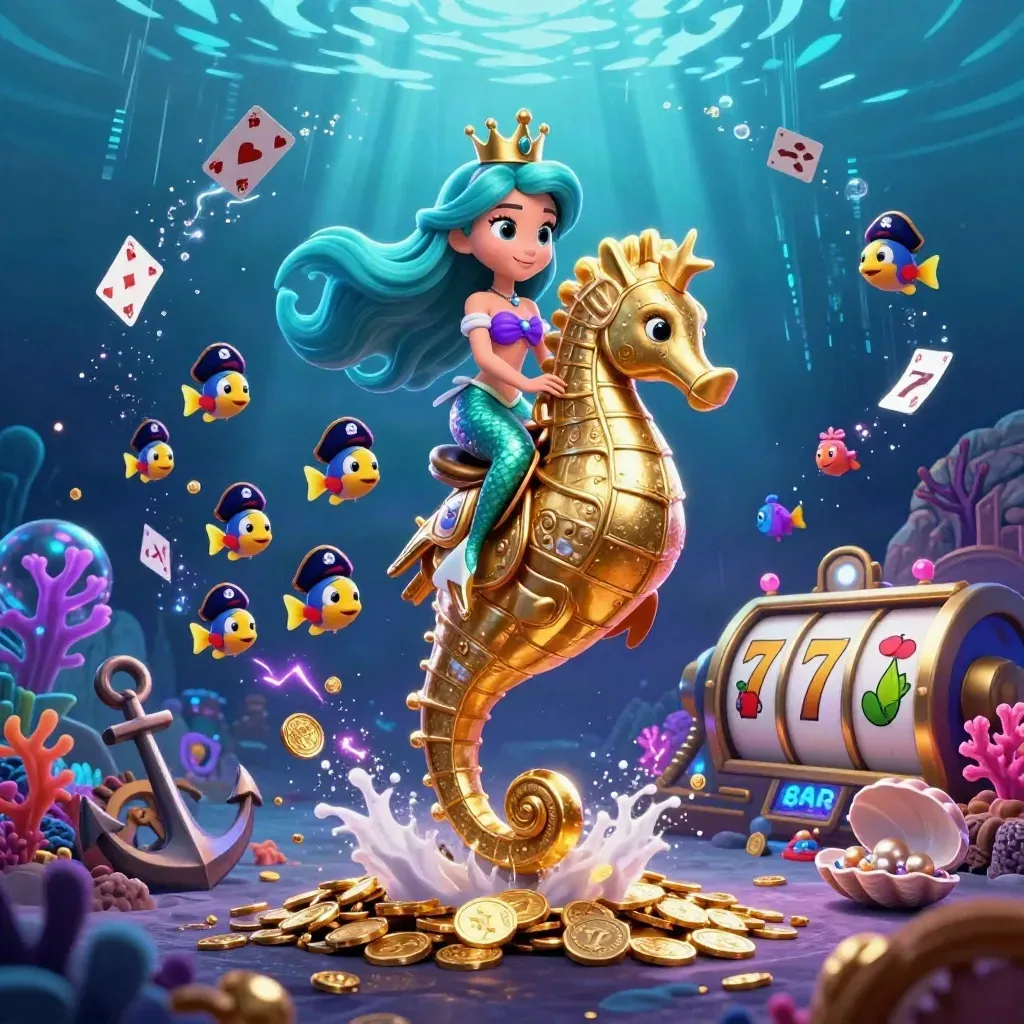 Mermaid princess on a gold seahorse in a treasure cove with fish, coins, reels, and glowing effects.