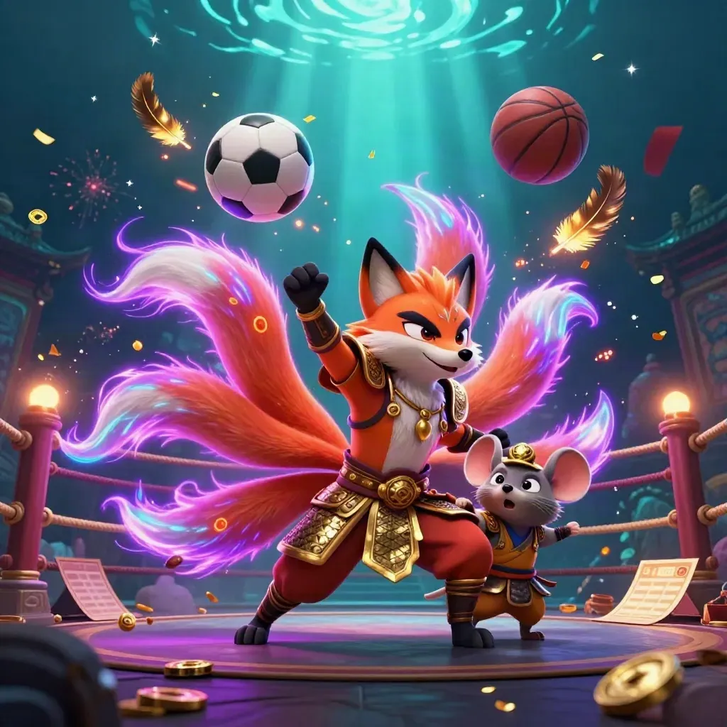 Neon fox spirit and armored mouse with flying sports balls, casino glow, and temple lights