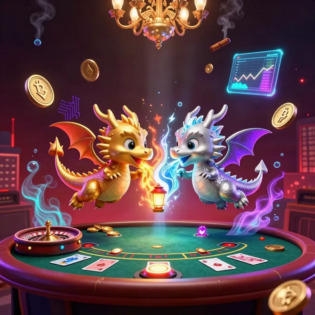 Twin gold and silver dragons swirl over a neon casino table with coins, charts, and glowing effects.
