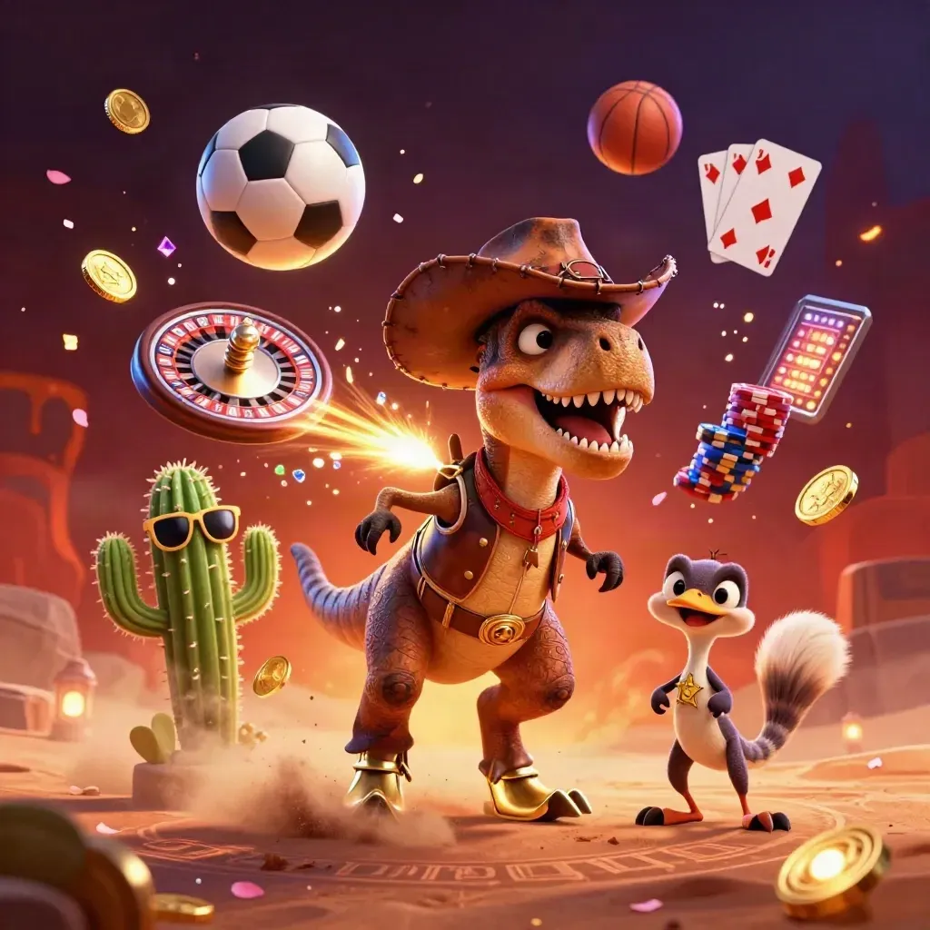Cowboy T-Rex, cactus sidekick, and roadrunner amid flying chips, coins, and glowing casino lights.