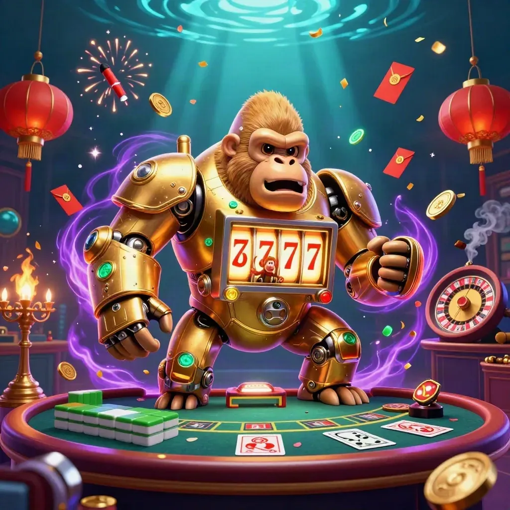 Golden gorilla mech with monkey pilot amid casino luxury, jade coins, lanterns, fireworks, and glow
