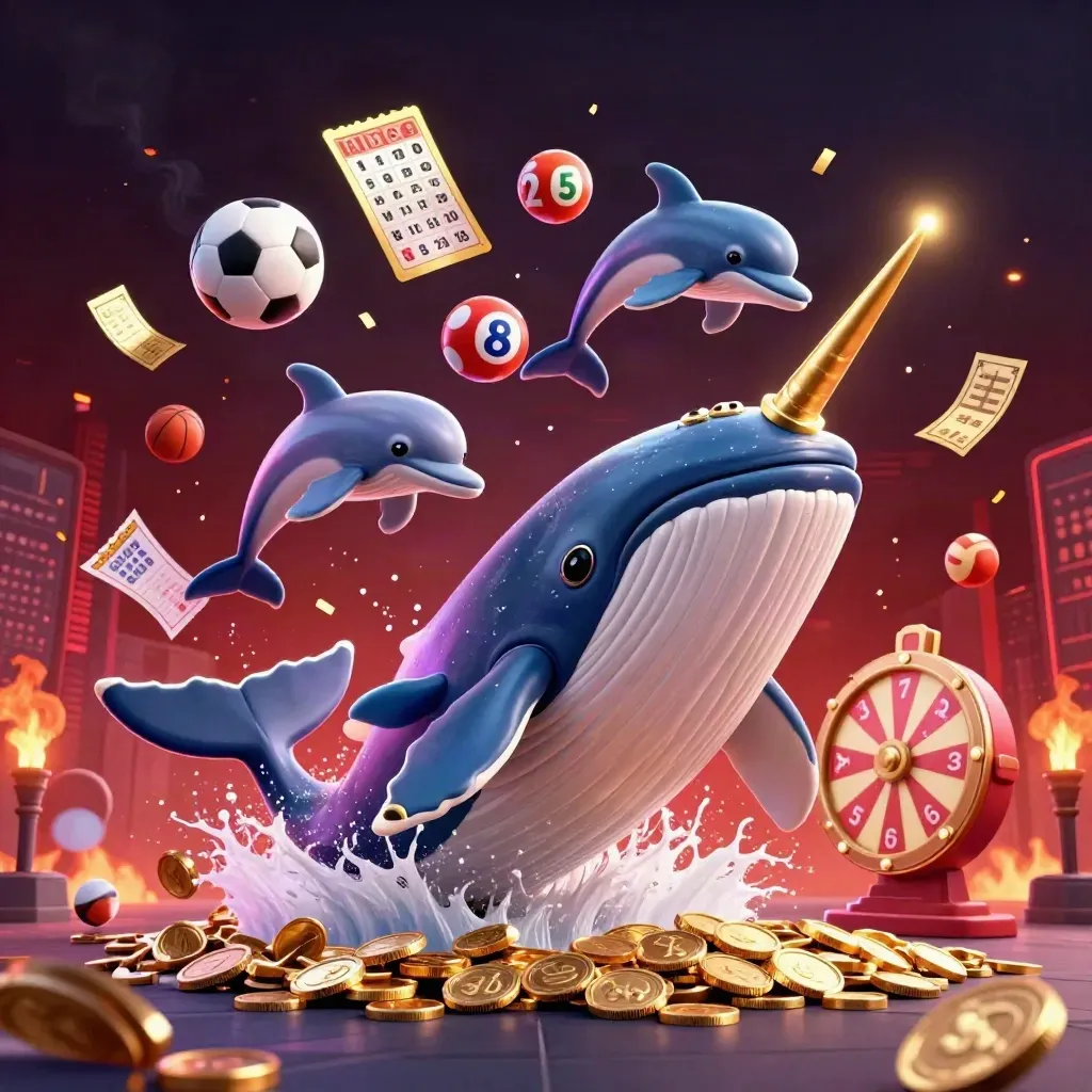 Whale captain and sea creatures burst through coins with casino props and glowing light