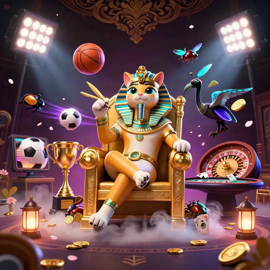 Pharaoh cat and ibis scribe amid casino lights, coins, sports balls, and jewel-winged scarabs