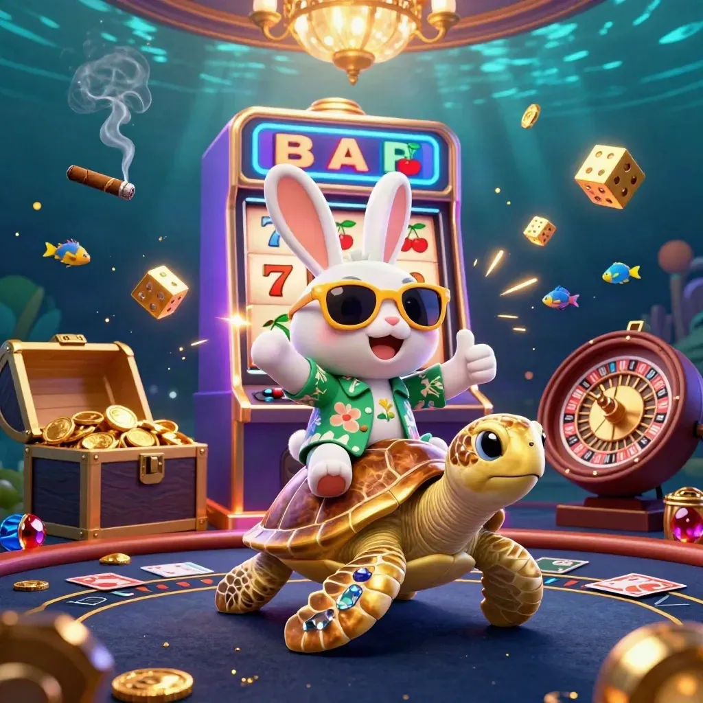 Lucky rabbit on golden sea turtle amid slot burst, gold, gems, and underwater casino glow