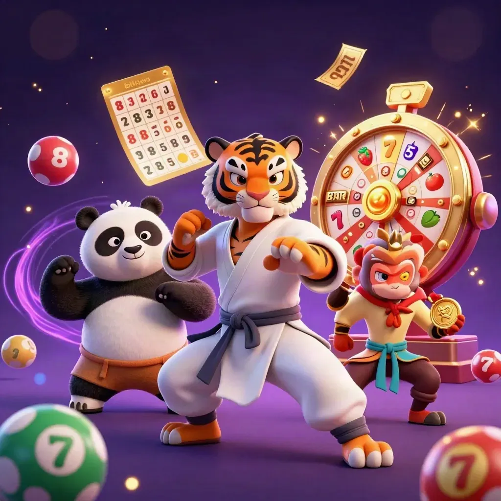 Kung-fu tiger, panda, and monkey amid lottery balls, gold tickets, and neon casino magic.