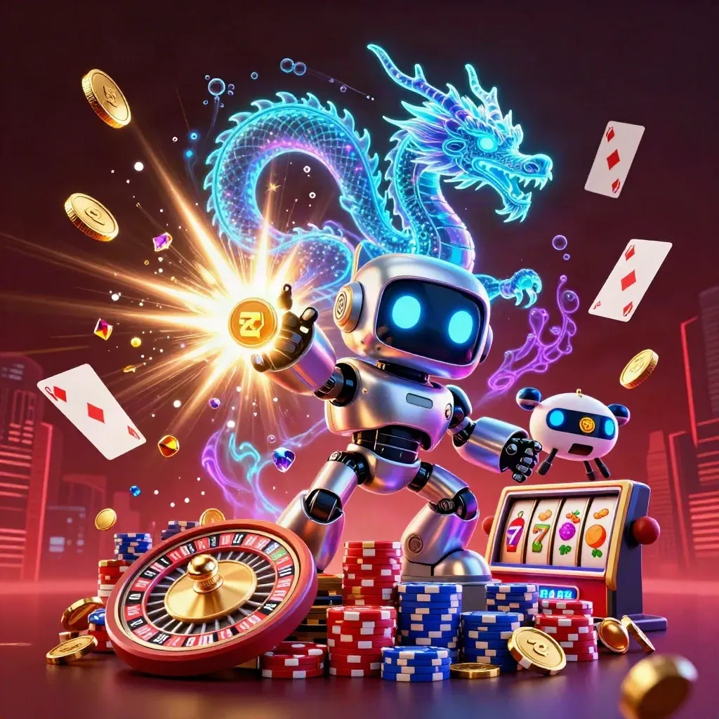 Cyberpunk robot, holographic dragon, and drone amid coins, gems, cards, chips, and neon casino light