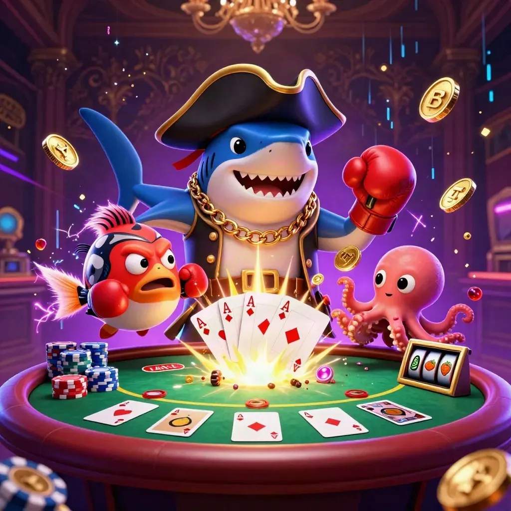 Pirate shark, pufferfish, and octopus amid casino chips, cards, and glowing treasure
