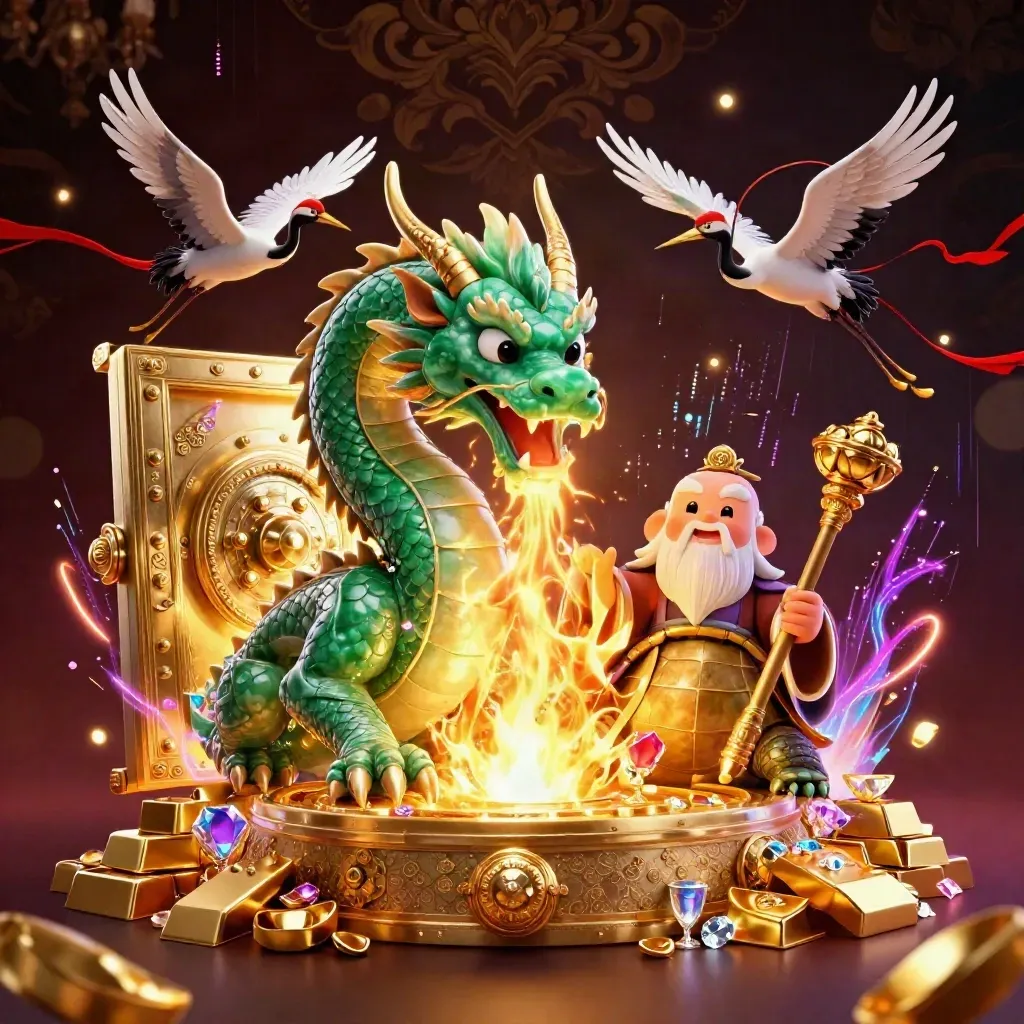 Emerald dragon, turtle sage, and cranes open a glowing gold vault amid gems and casino neon.