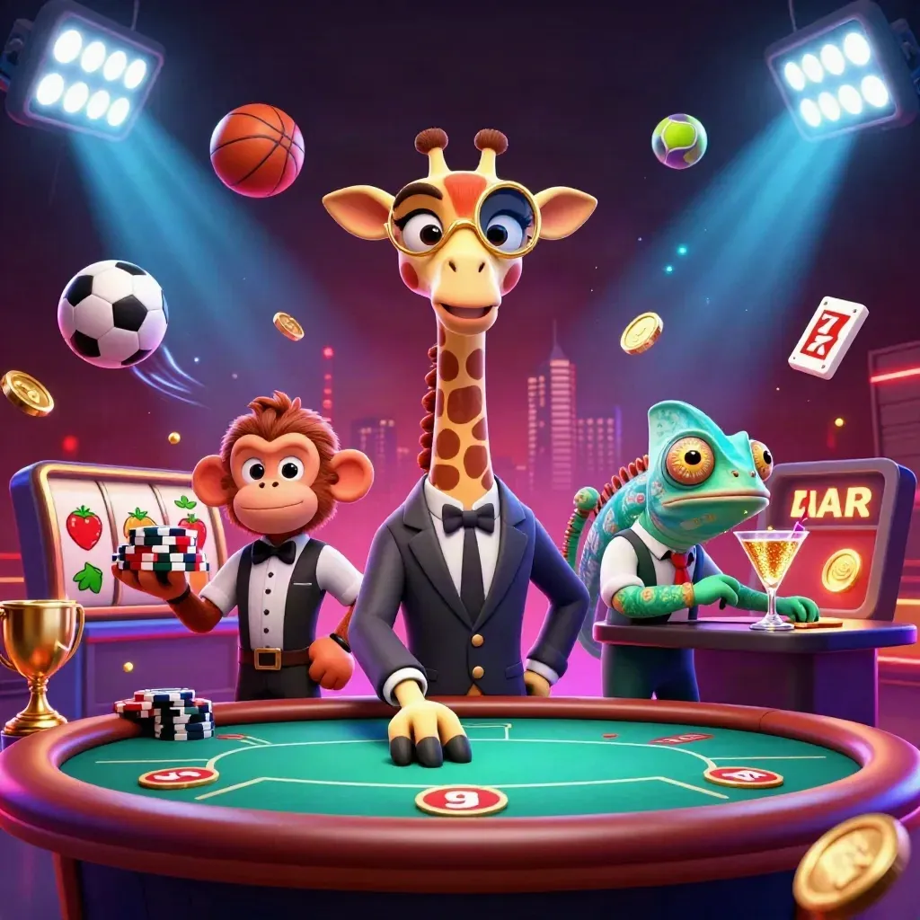 Giraffe high roller with monkey valet and chameleon bartender amid flying balls, coins and neon casino glow.
