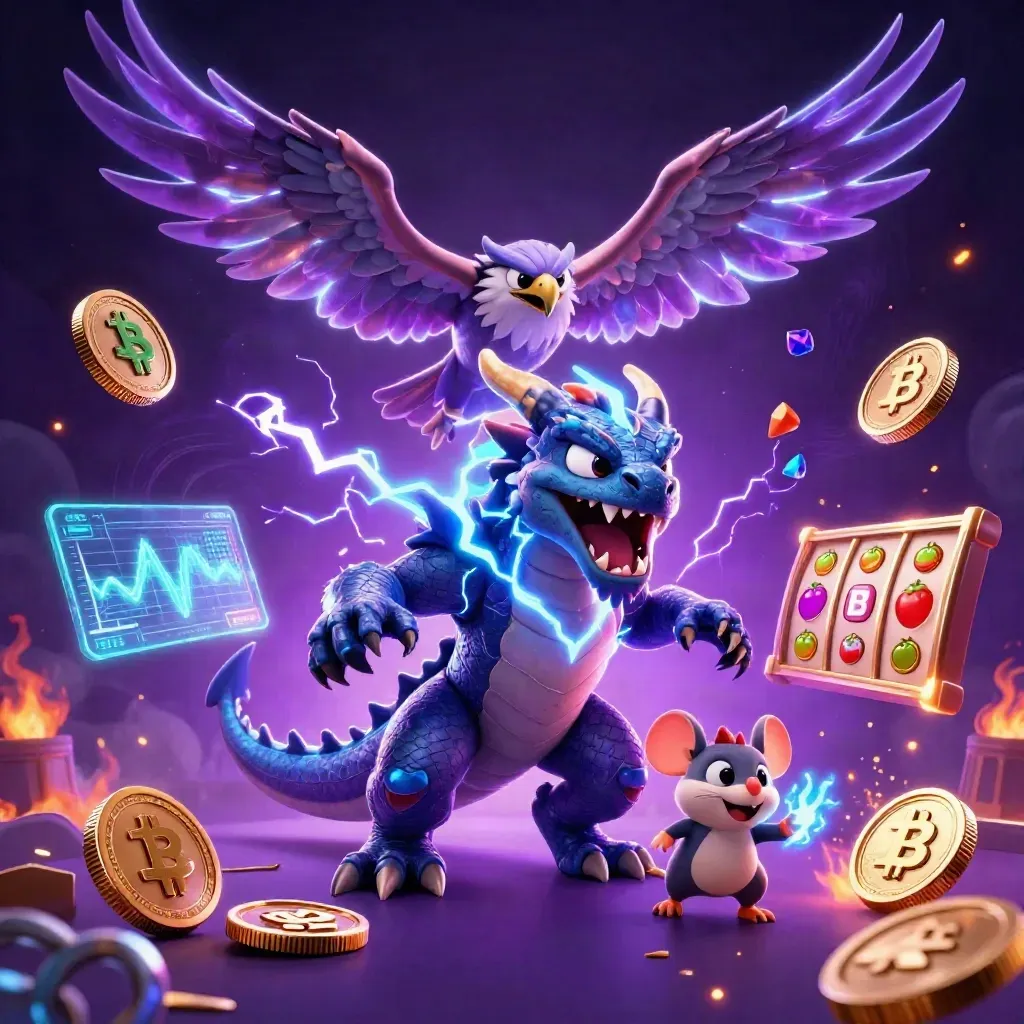 Thunder dragon, wind hawk, and static mouse in neon slot chaos with coins and purple glow.