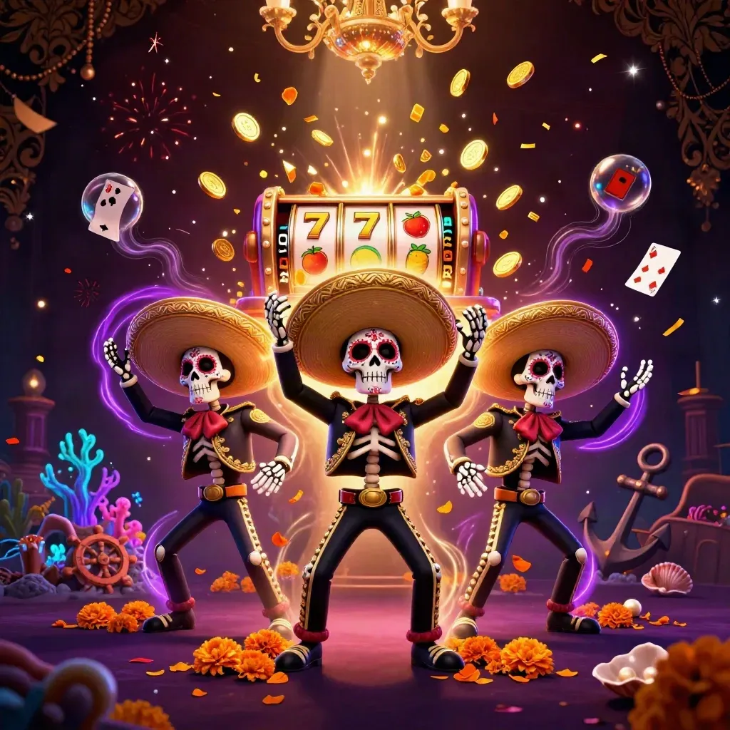 Skeleton mariachi trio amid gold coins, treasure, coral, fireworks, and casino symbols