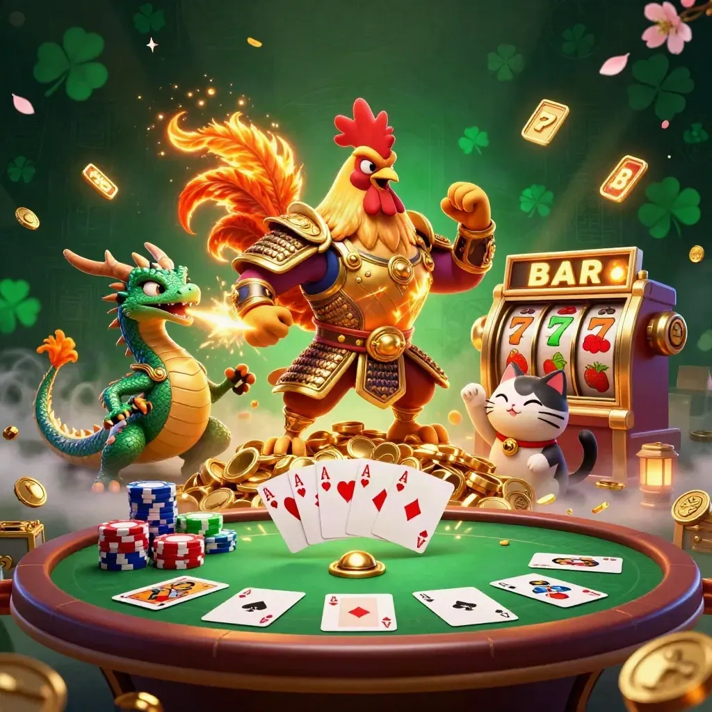 Rooster warrior, dragon hatchling, and fortune cat amid coins, cards, reels, and casino glow.