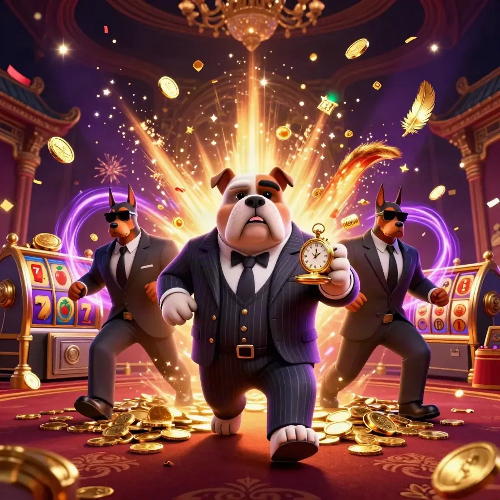 Bulldog mob boss and two Dobermans amid coins, fireworks, reels, and a temple gate.