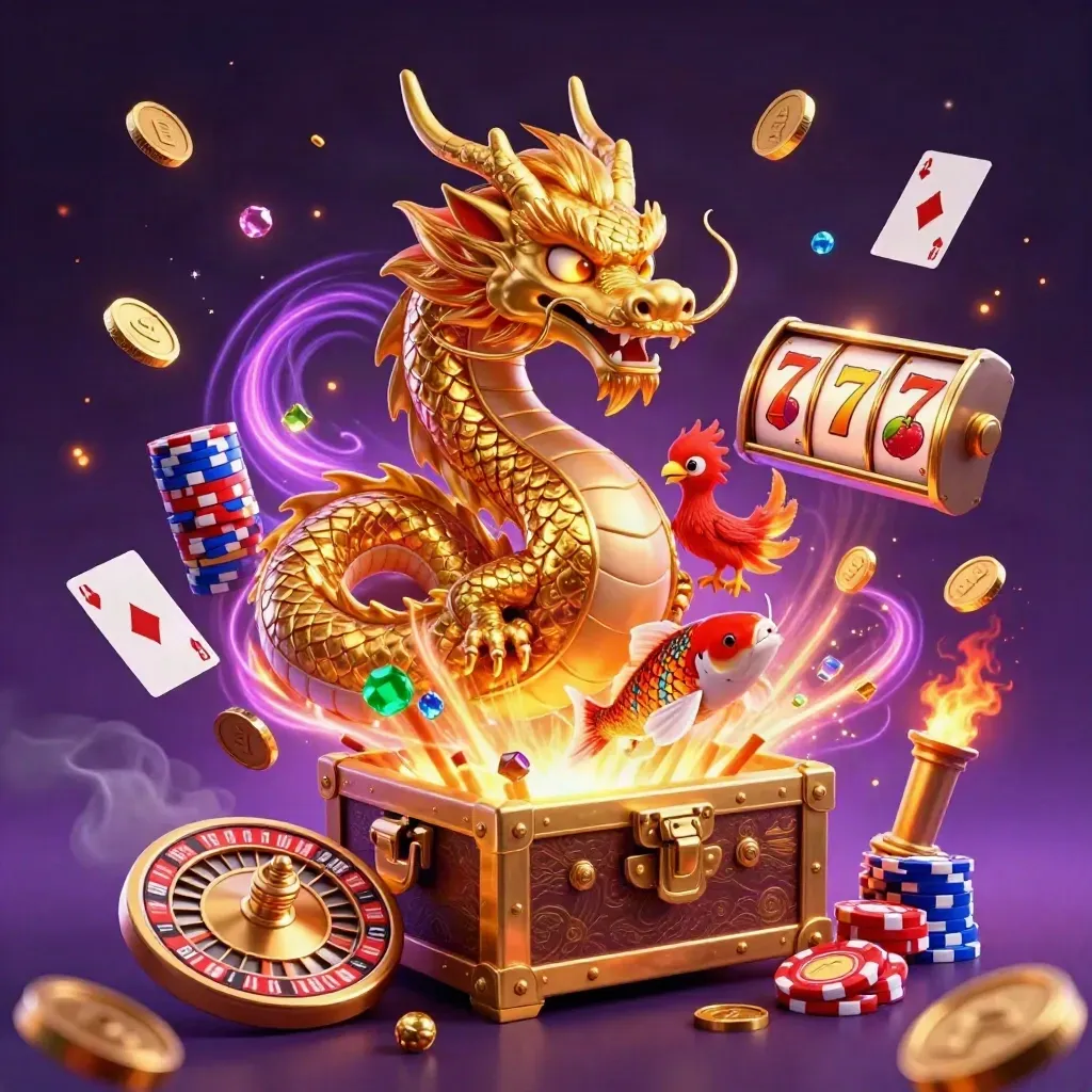 Golden dragon, phoenix, koi and casino loot burst through a dark neon treasure scene.