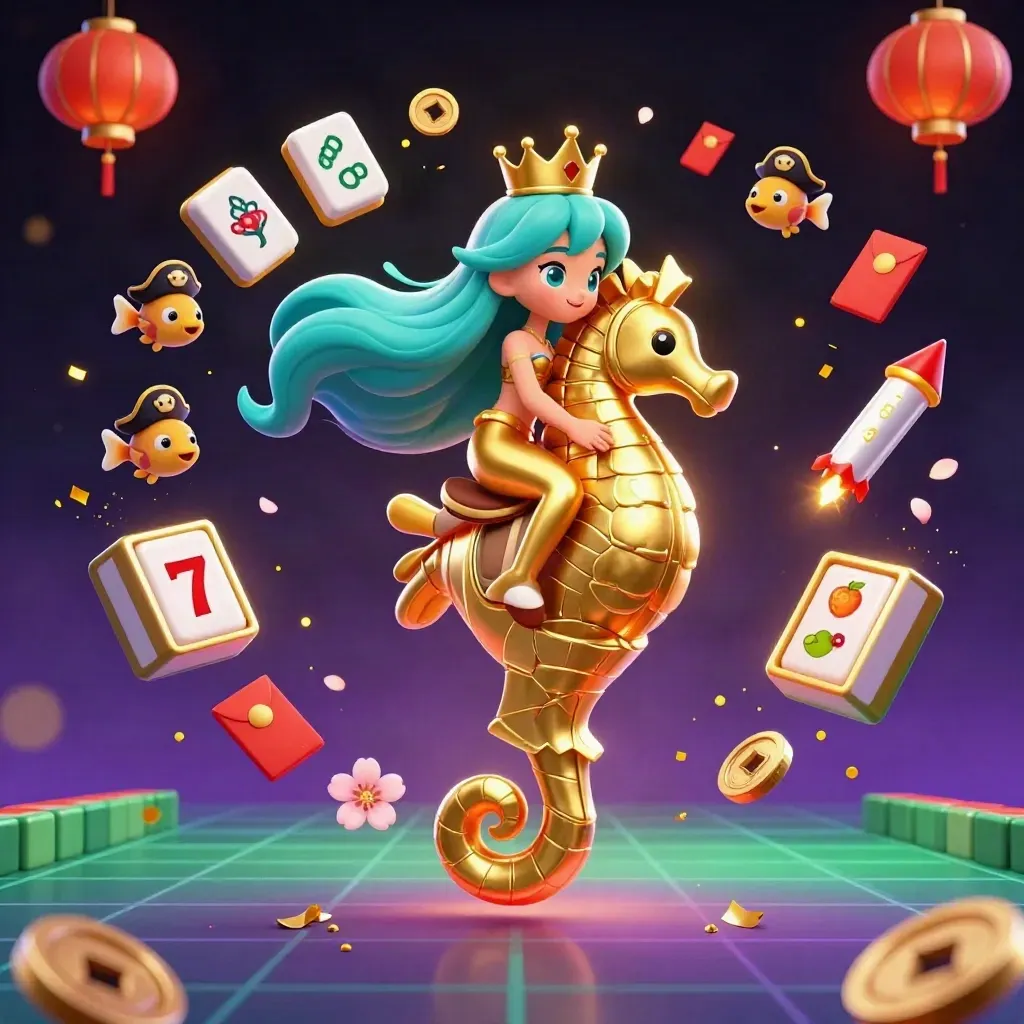 Mermaid princess on armored seahorse amid pirate fish, slot symbols, and neon casino glow.