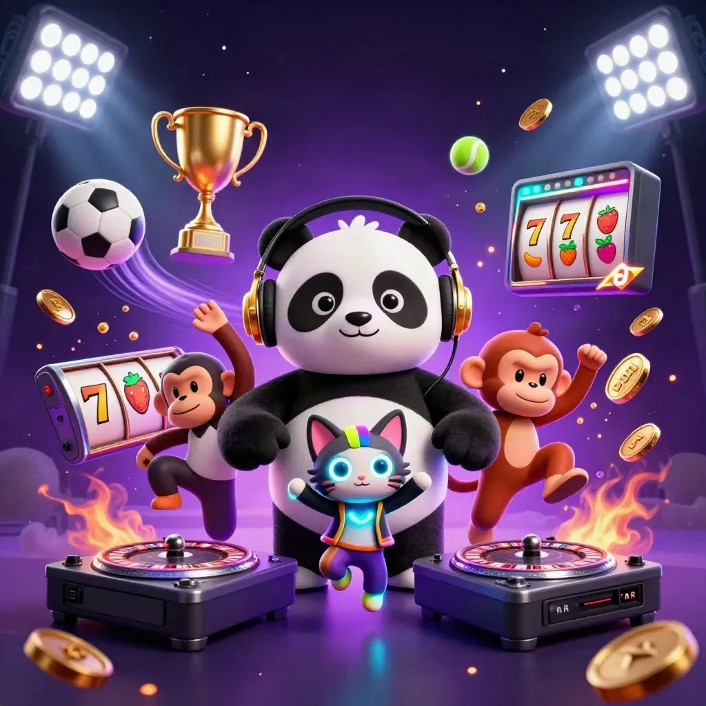 DJ panda, breakdancing monkey, and glow-stick kitten in a neon casino splash scene