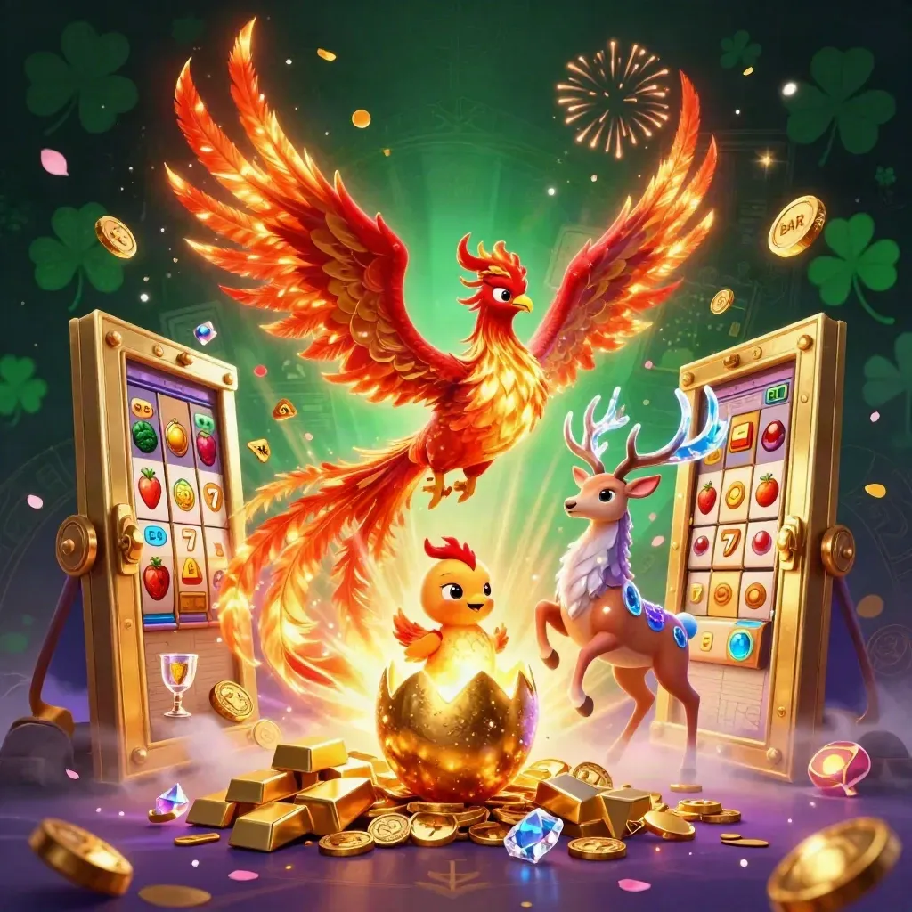 Phoenix, hatching egg, and stag burst from a vault with coins, gems, and fireworks.