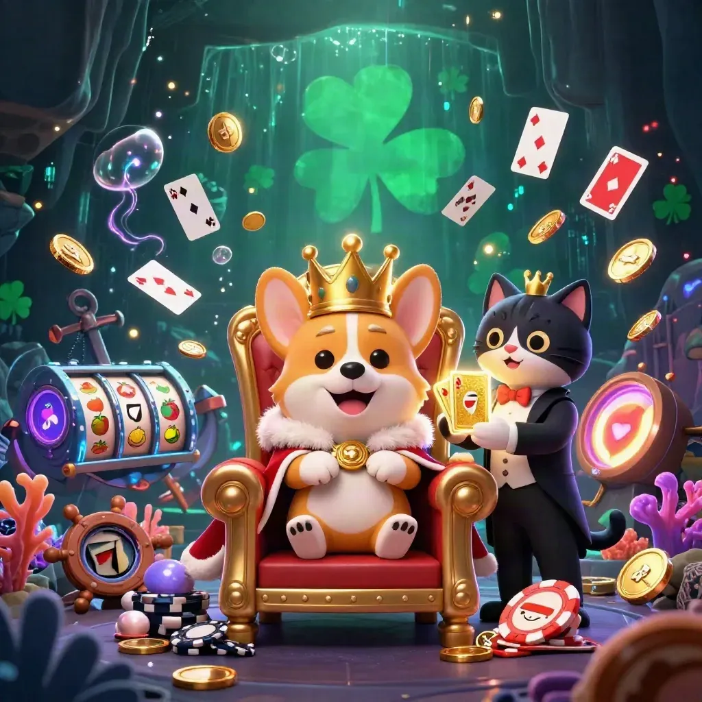 Royal corgi and cat butler amid casino treasure, coral, coins, reels, and neon energy