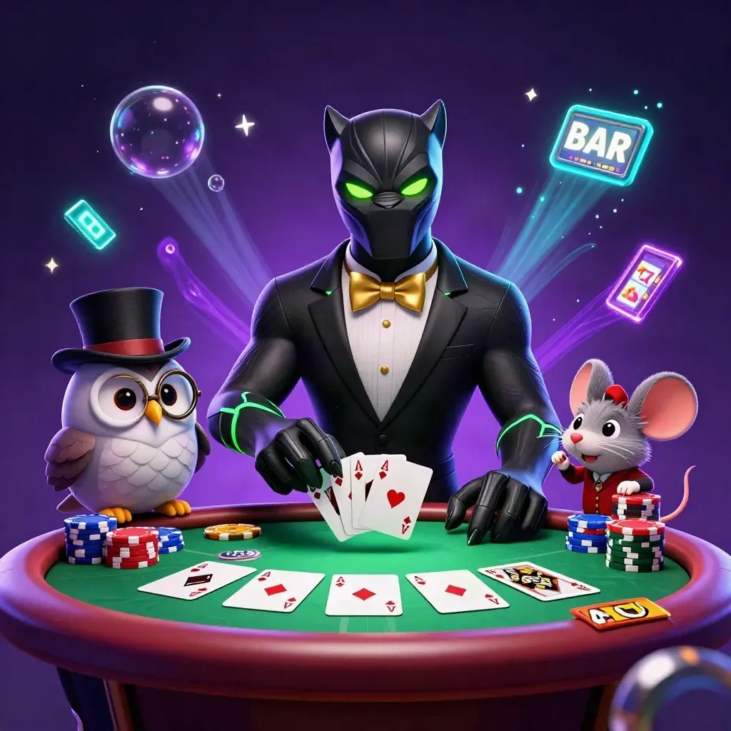 Black panther dealer with owl and mouse amid glowing cards, chips, reels, and casino magic