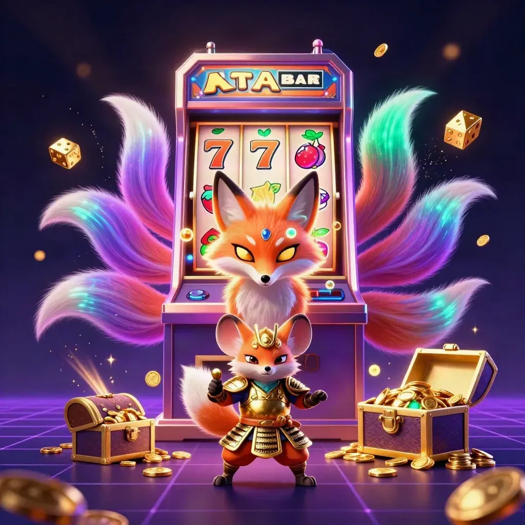 Neon fox spirit and armored mouse amid exploding slot reels, gold, and jackpot light.