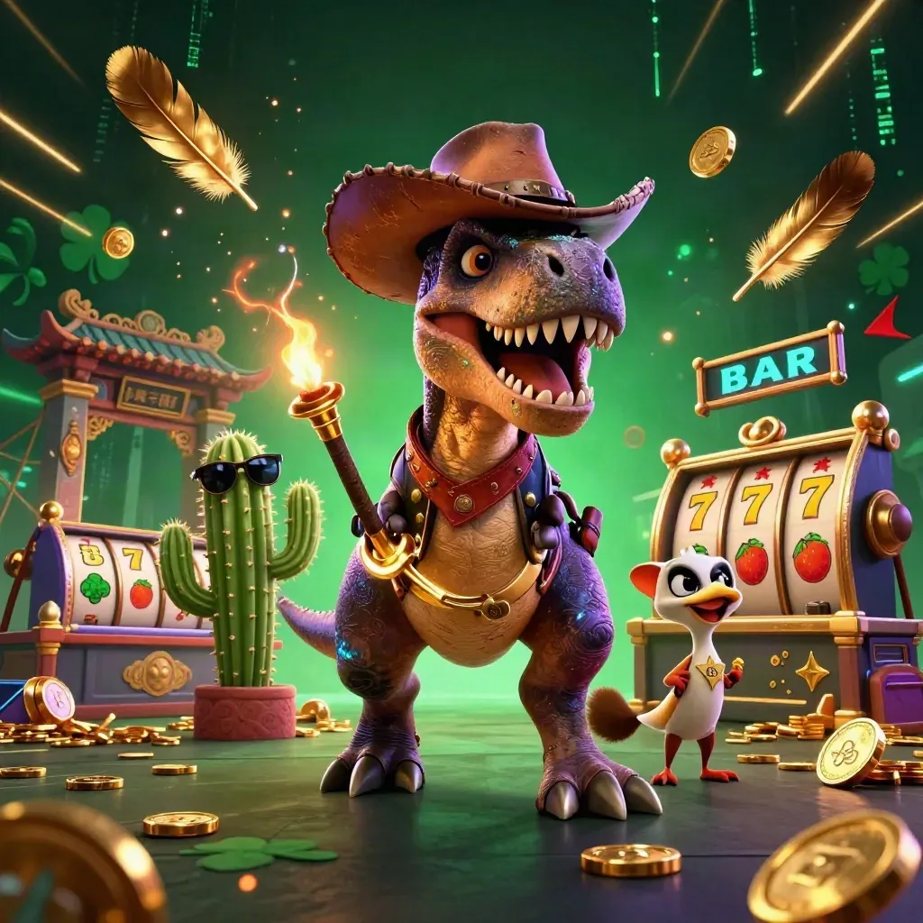 Cowboy T-Rex, cactus sidekick, and sheriff roadrunner amid neon casino chaos and slot symbols.