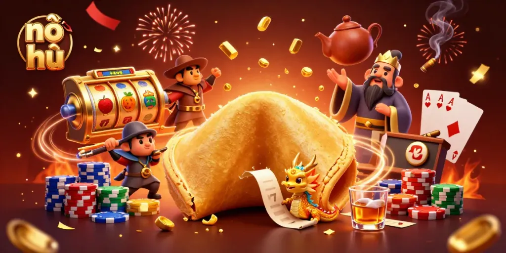Nổ hũ as a dynamic slot game adventure with a golden fortune cookie, fruity symbols, and energetic characters.