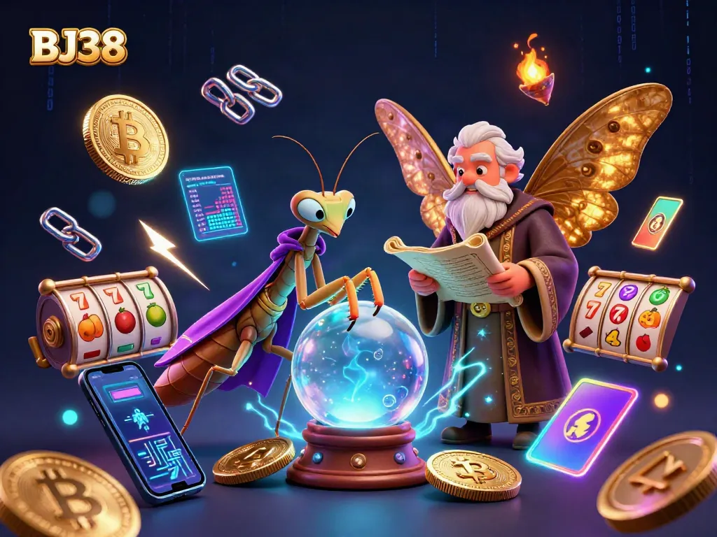 Engage with the mystical BJ38 fortune teller surrounded by rich casino elements and vibrant crypto visuals.