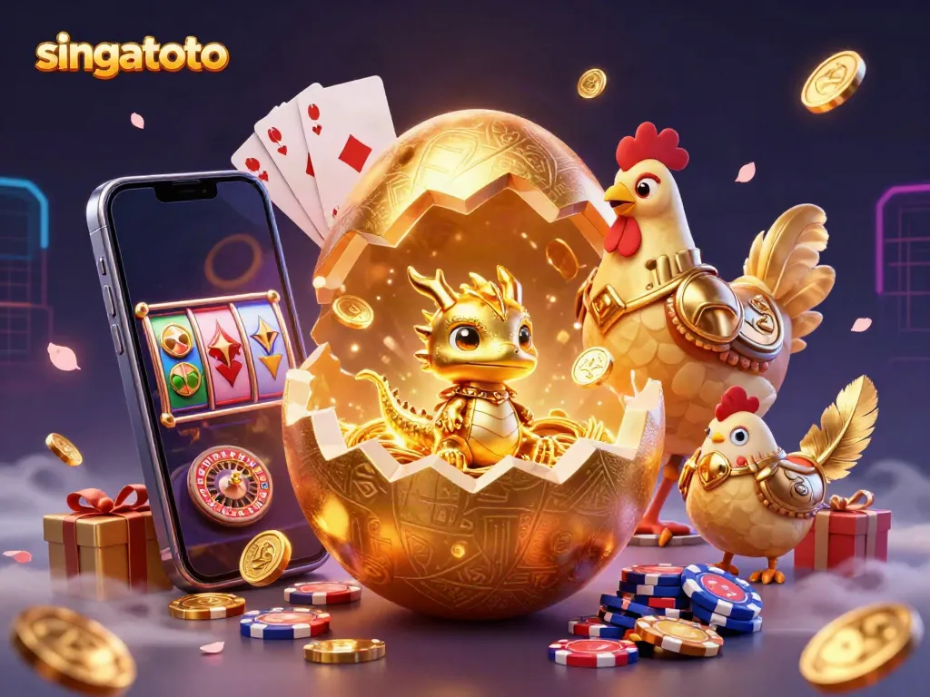 Experience the thrill of singatoto with a golden dragon and poker chips amidst vibrant game elements.