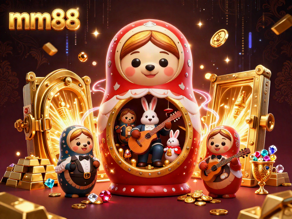 Spin and win at mm88 with vibrant casino-themed illustration featuring lucky bears and treasures.