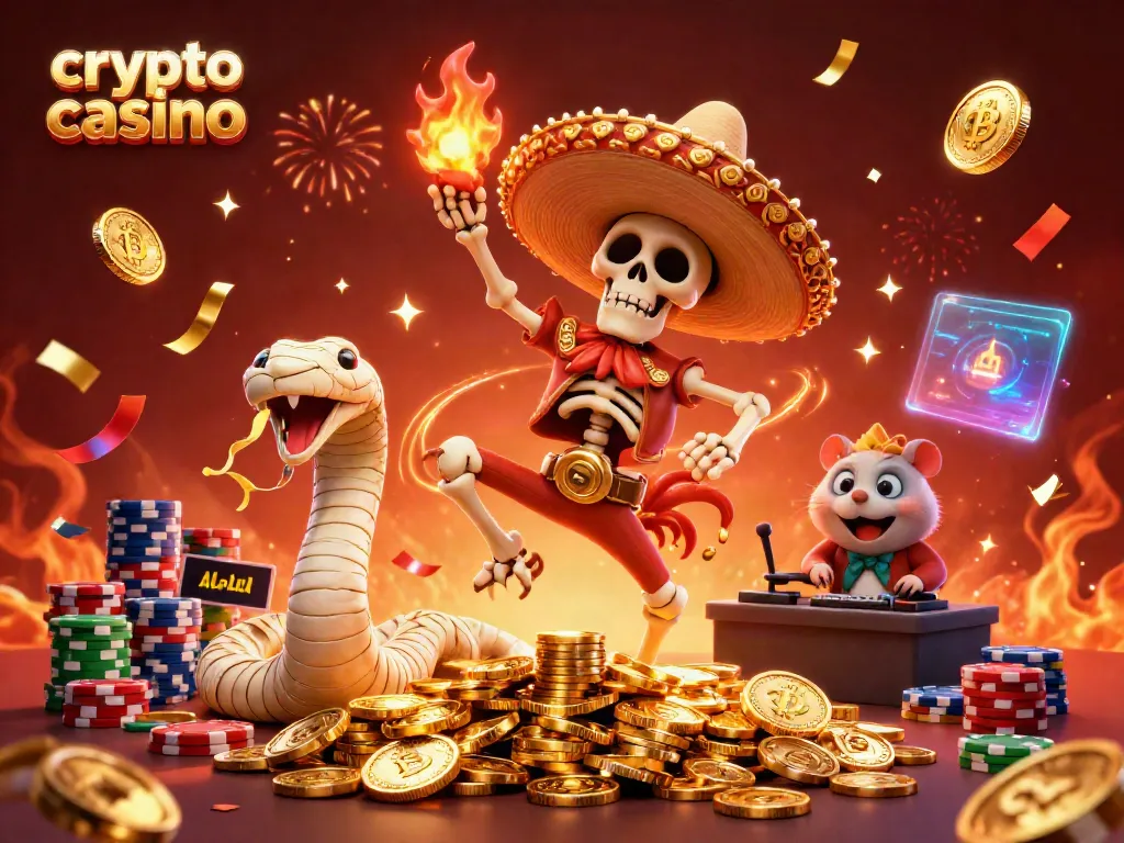 Celebrate at the crypto casino with vibrant characters and dynamic gaming elements.