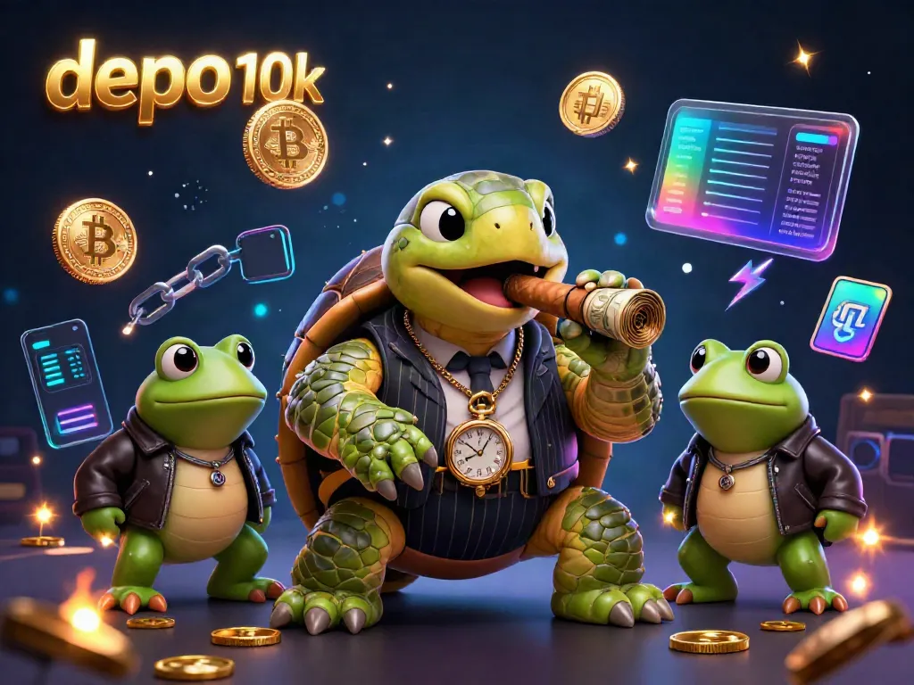 Join the exciting world of gamble with depo 10k featuring vibrant characters like a mobster turtle and bullfrog enforcers.