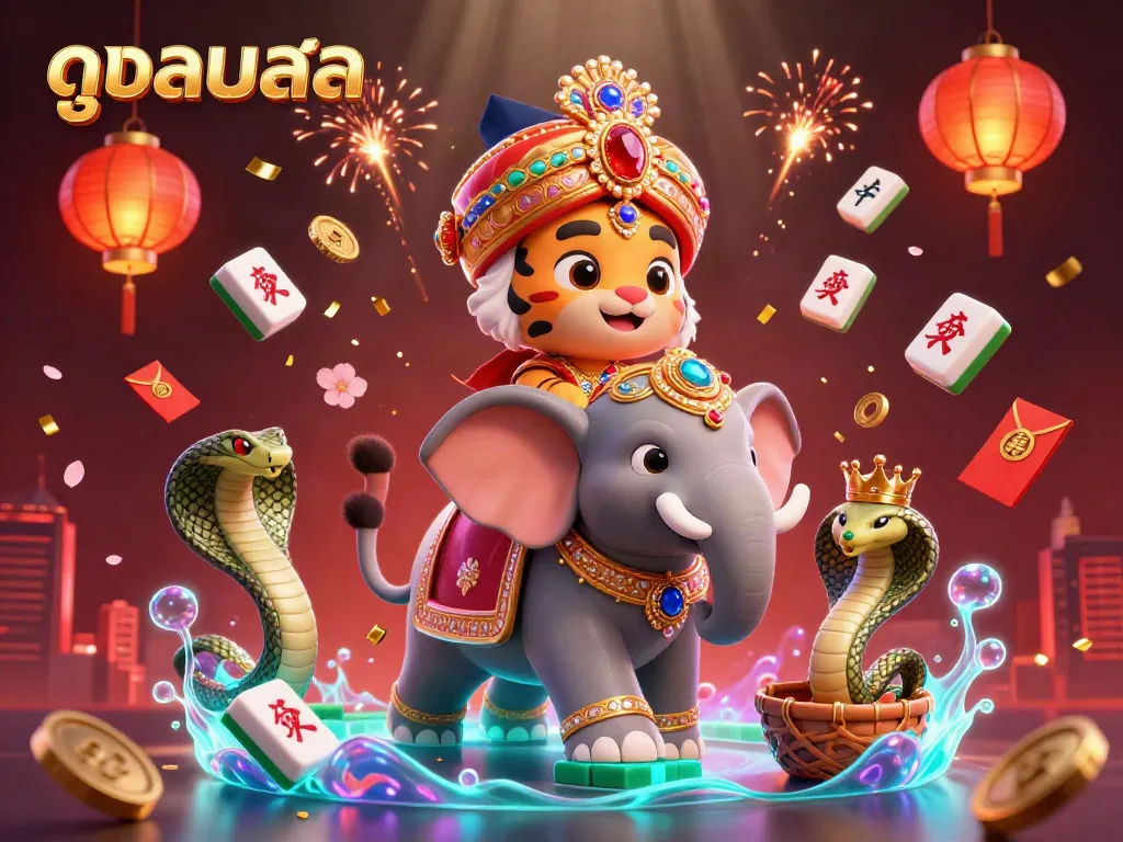 Experience thrilling ดูบอลสด action with vibrant 3D illustrations of dynamic tiger and elephant characters in casino-style settings.