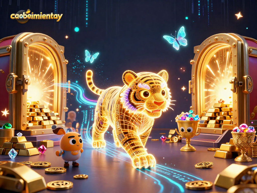 Experience the thrill of caoboimientay as the golden tiger prowls a vibrant casino filled with treasures.