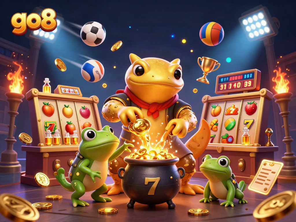 Bet on go8 with immersive 3D casino characters transforming gold coins amidst vibrant slot machines and sports elements.