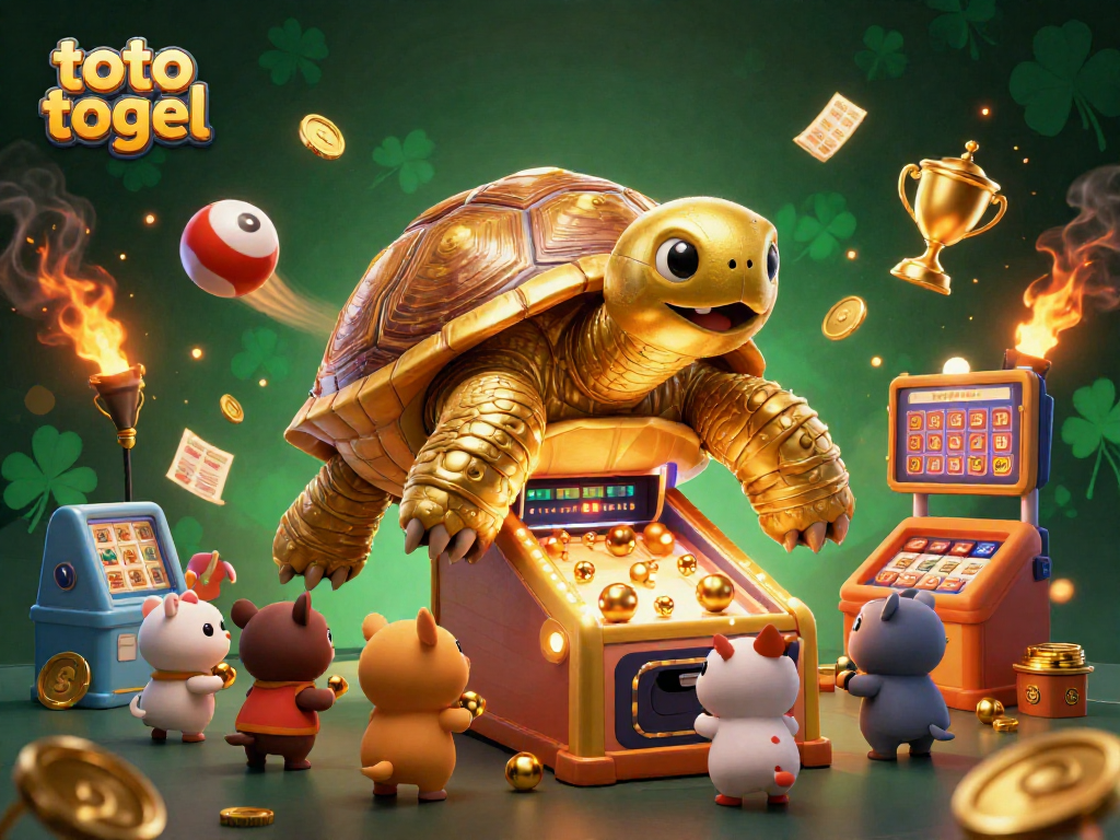 Experience the excitement of toto togel with 3D illustrations of a colossal golden tortoise pinball machine, thrilling players.
