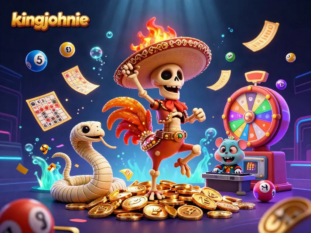 Engage with kingjohnnie in this vibrant 3D casino scene filled with dynamic lottery elements.