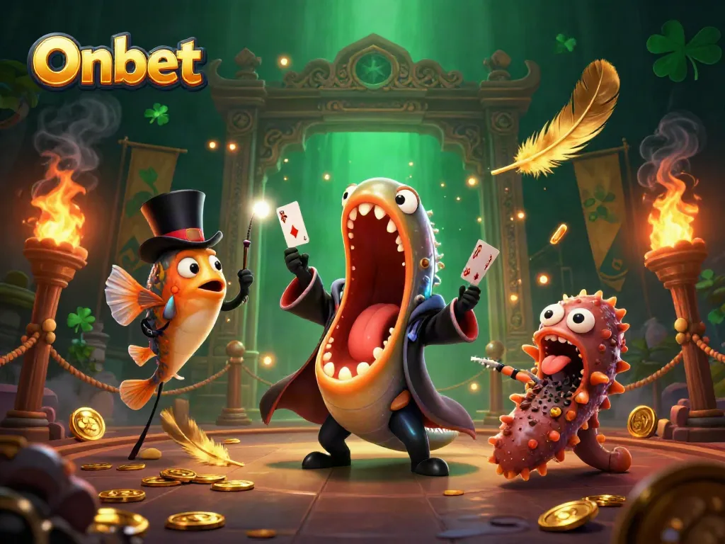Watch the Onbet gulper eel perform stunning card tricks in a dynamic underwater casino scene.