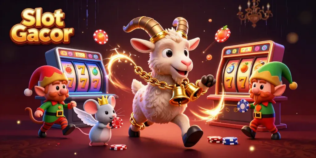 Slot Gacor features a festive Krampus goat supervising a lively casino with gremlins stealing poker chips.