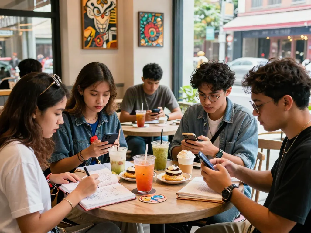 Friends enjoying drinks at a café while discussing nyonya4d trends and hobbies.