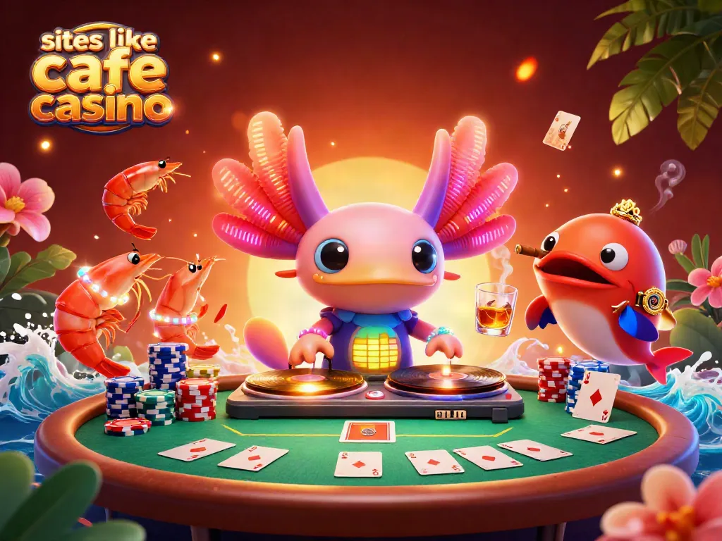 Visualize sites like cafe casino with a vibrant 3D DJ axolotl showcasing exciting poker elements.