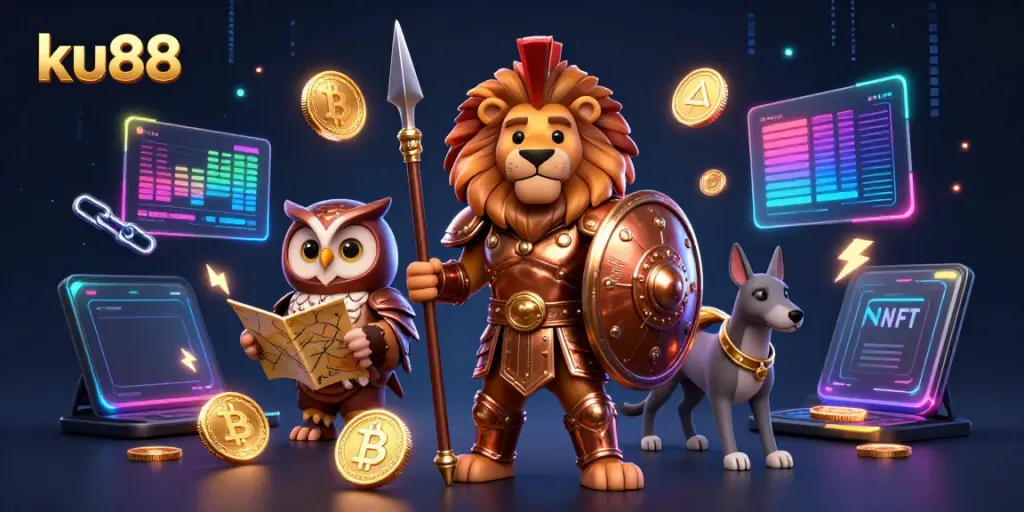 Bet on ku88 with the Spartan lion leading a fantasy casino adventure amidst crypto coins.