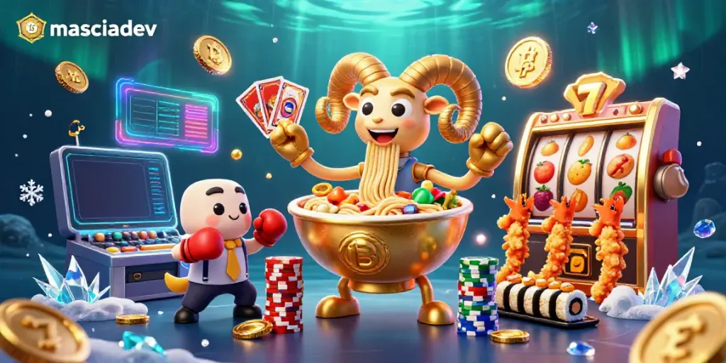 Masciadev engages players with a vibrant 3D casino scene featuring a golden ramen bowl dealer and crypto elements.